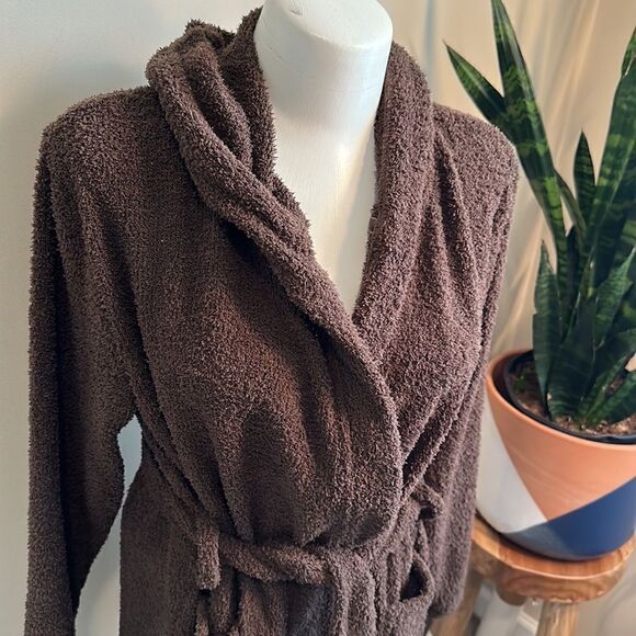 Mina Lisa Feather Knit Hooded Lounge Robe in Cocoa S - Picture 4 of 8